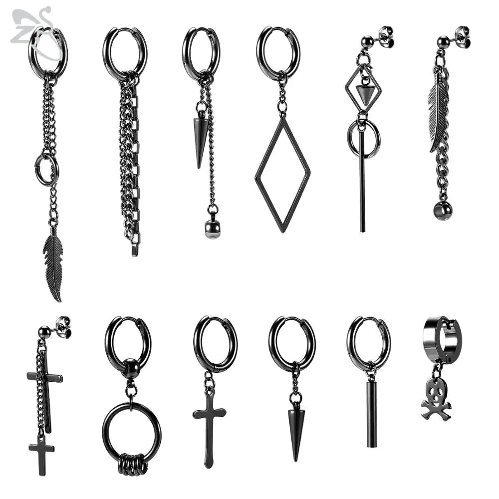 ZS 12 Pcs/set Korean Kpop Drop Earrings Unisex Cross Geometric Pendant Earring Stainless Steel Tassel Earring Chic Accessories