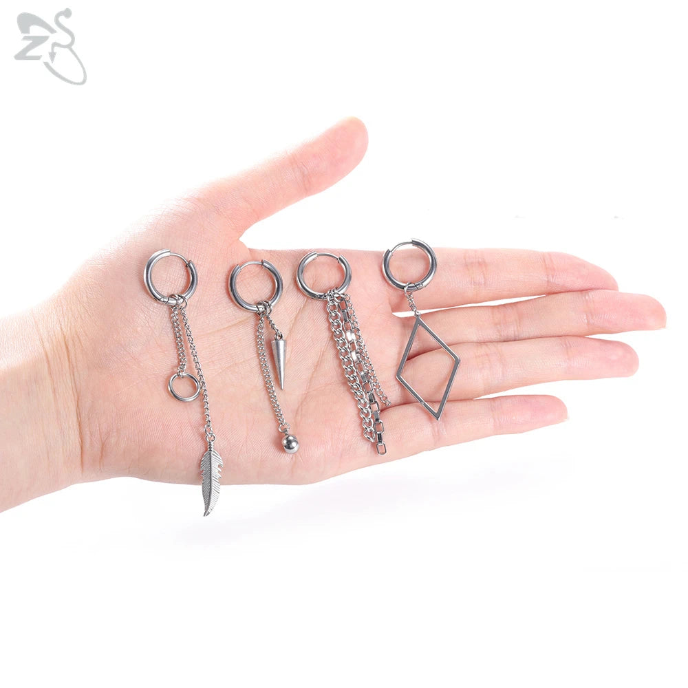 ZS 12 Pcs/set Korean Kpop Drop Earrings Unisex Cross Geometric Pendant Earring Stainless Steel Tassel Earring Chic Accessories