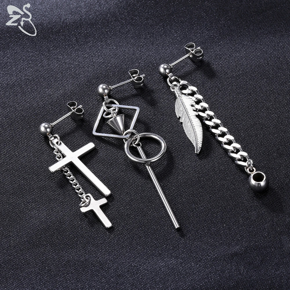 ZS 12 Pcs/set Korean Kpop Drop Earrings Unisex Cross Geometric Pendant Earring Stainless Steel Tassel Earring Chic Accessories