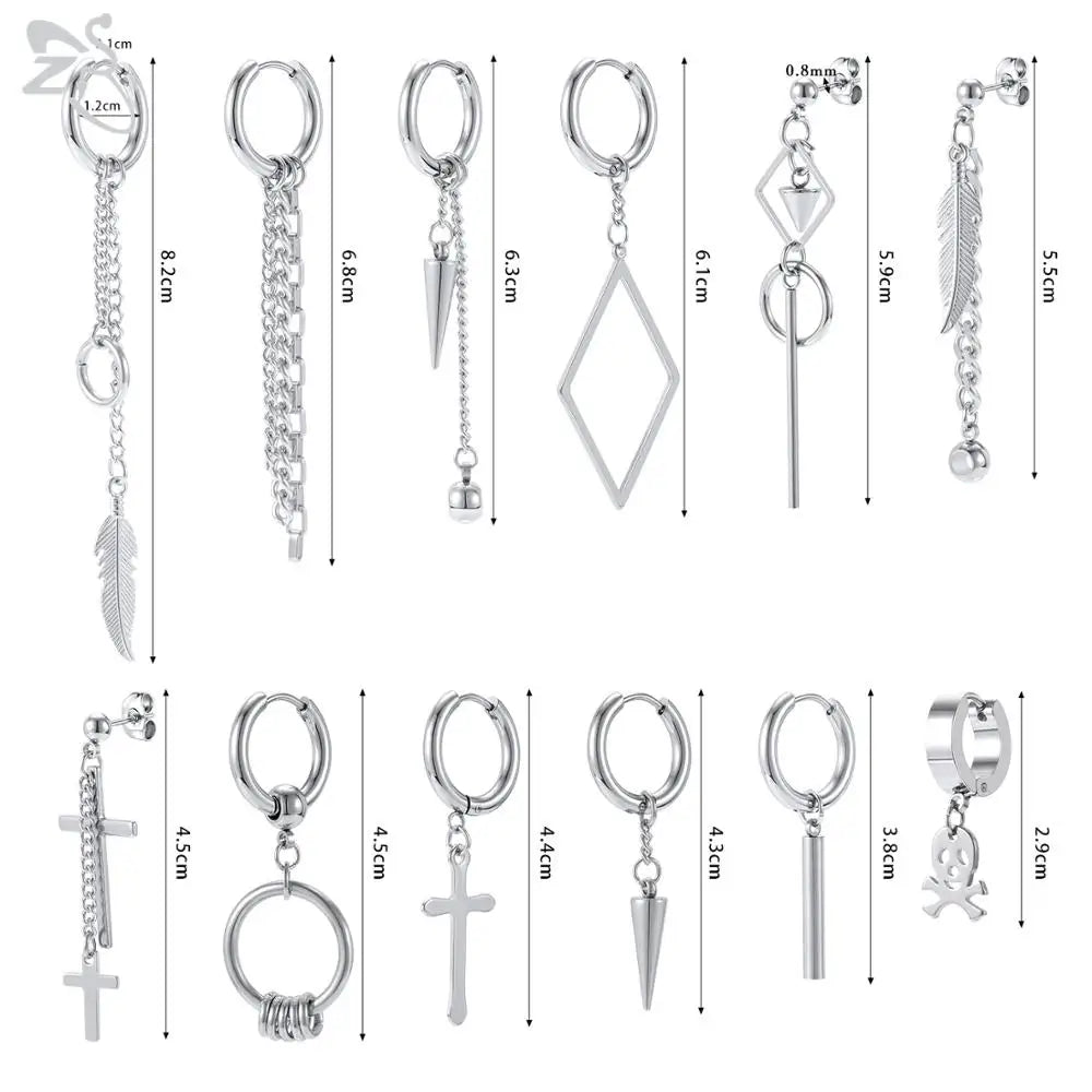ZS 12 Pcs/set Korean Kpop Drop Earrings Unisex Cross Geometric Pendant Earring Stainless Steel Tassel Earring Chic Accessories