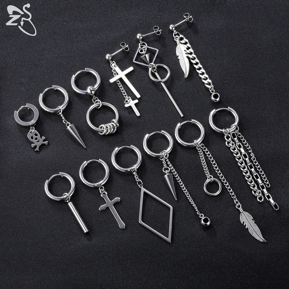 ZS 12 Pcs/set Korean Kpop Drop Earrings Unisex Cross Geometric Pendant Earring Stainless Steel Tassel Earring Chic Accessories