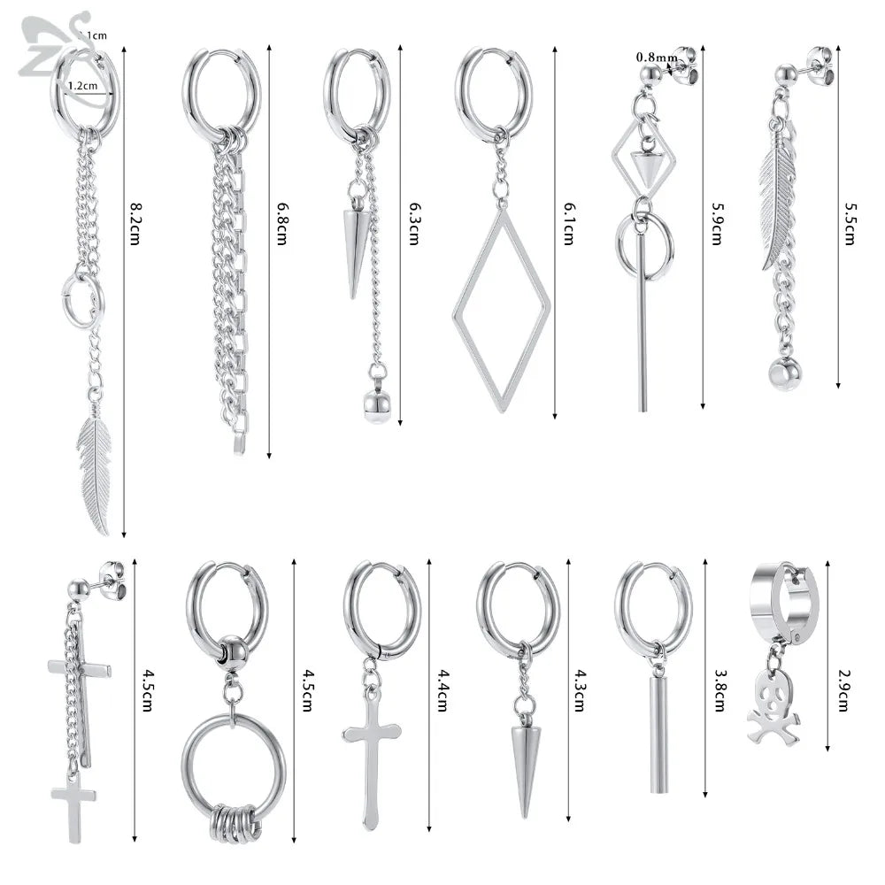 ZS 12 Pcs/set Korean Kpop Drop Earrings Unisex Cross Geometric Pendant Earring Stainless Steel Tassel Earring Chic Accessories