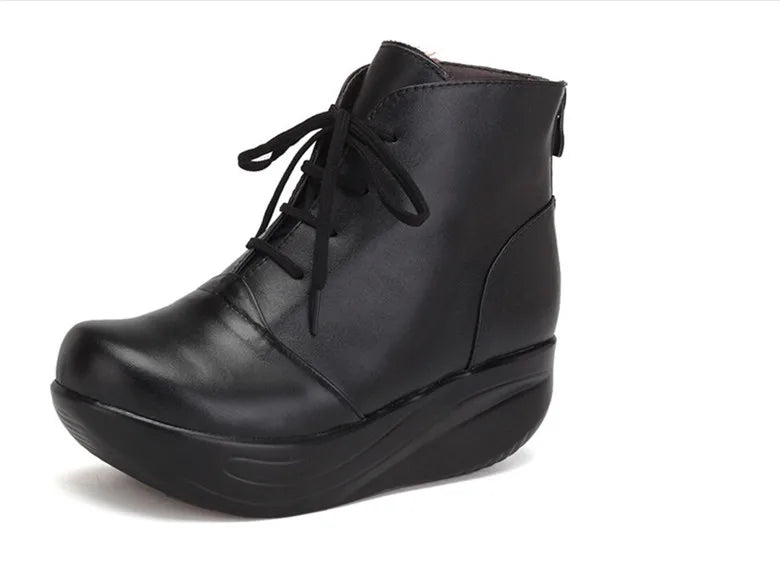 TIMETANG    Solid Black Women Boots Lace Up Genuine Leather Winter Boots Warm Wedges Platform Swing Shoes Big Size Short Shoes