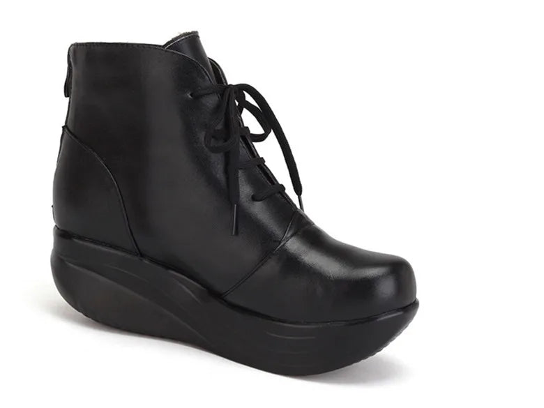 TIMETANG    Solid Black Women Boots Lace Up Genuine Leather Winter Boots Warm Wedges Platform Swing Shoes Big Size Short Shoes