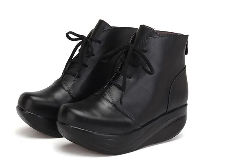 TIMETANG    Solid Black Women Boots Lace Up Genuine Leather Winter Boots Warm Wedges Platform Swing Shoes Big Size Short Shoes