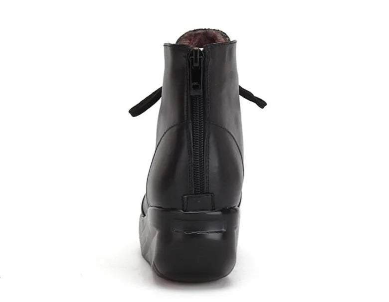 TIMETANG    Solid Black Women Boots Lace Up Genuine Leather Winter Boots Warm Wedges Platform Swing Shoes Big Size Short Shoes