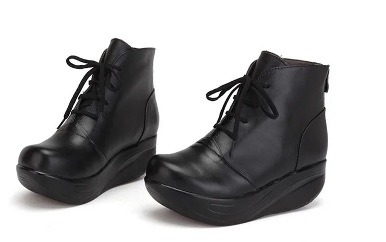 TIMETANG    Solid Black Women Boots Lace Up Genuine Leather Winter Boots Warm Wedges Platform Swing Shoes Big Size Short Shoes