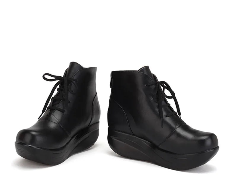 TIMETANG    Solid Black Women Boots Lace Up Genuine Leather Winter Boots Warm Wedges Platform Swing Shoes Big Size Short Shoes