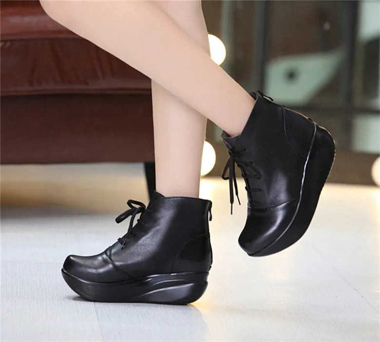 TIMETANG    Solid Black Women Boots Lace Up Genuine Leather Winter Boots Warm Wedges Platform Swing Shoes Big Size Short Shoes