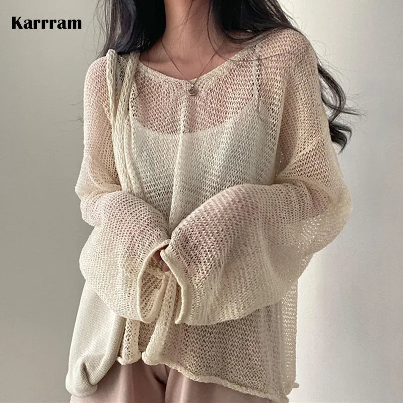 Karrram Lazy Style Full Sleeves Jumpers Tops Hollow Out Sexy Women Fashion Casual Streetwear Chic Femme Sweaters Pullovers