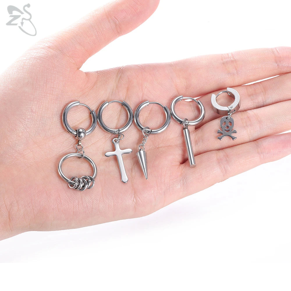 ZS 12 Pcs/set Korean Kpop Drop Earrings Unisex Cross Geometric Pendant Earring Stainless Steel Tassel Earring Chic Accessories