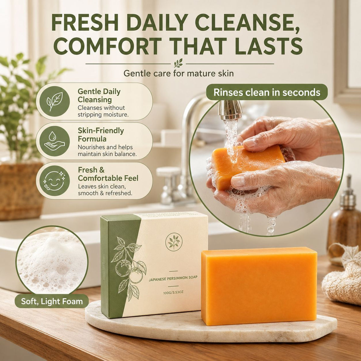Cross-Border Popular Persimmon Soap Gently Cleanses the Body and Skin, Moisturizes and Hydrates, Naturally Freshens and Leaves a Lasting Fragrance, with Dense Foam
