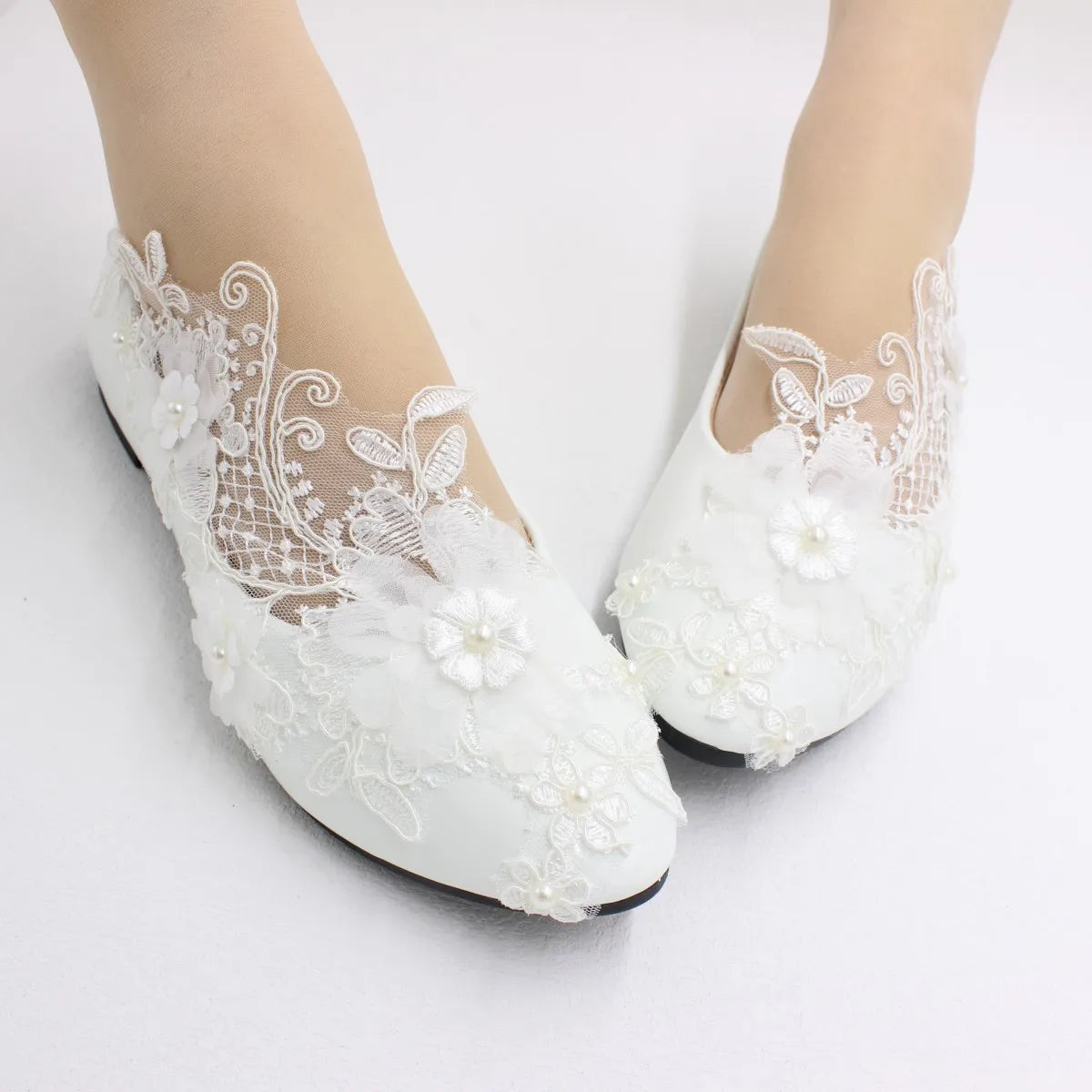 New Spring Lace Wedding Shoes White Flat Bride Shoes Original Design Princess Women's Single Shoes Suitable for Wedding Dress Ph