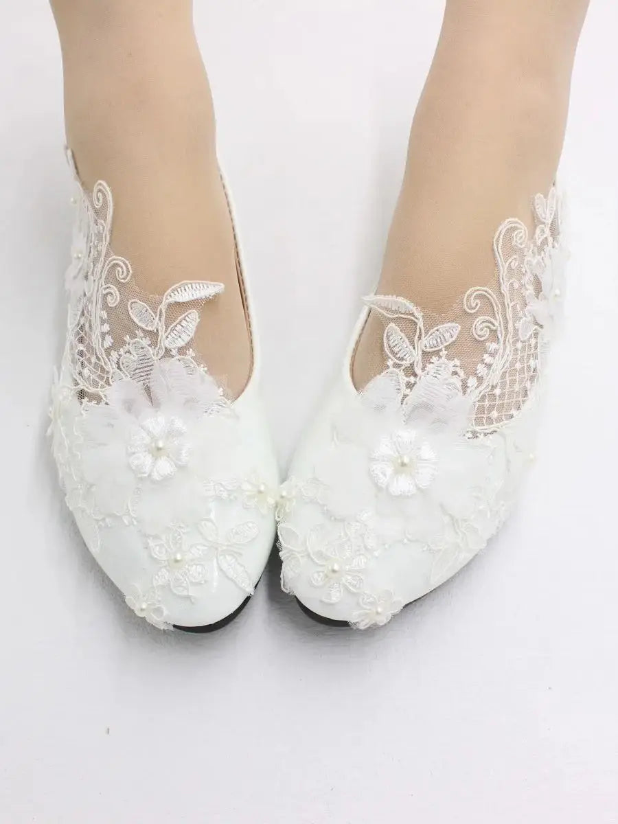 New Spring Lace Wedding Shoes White Flat Bride Shoes Original Design Princess Women's Single Shoes Suitable for Wedding Dress Ph