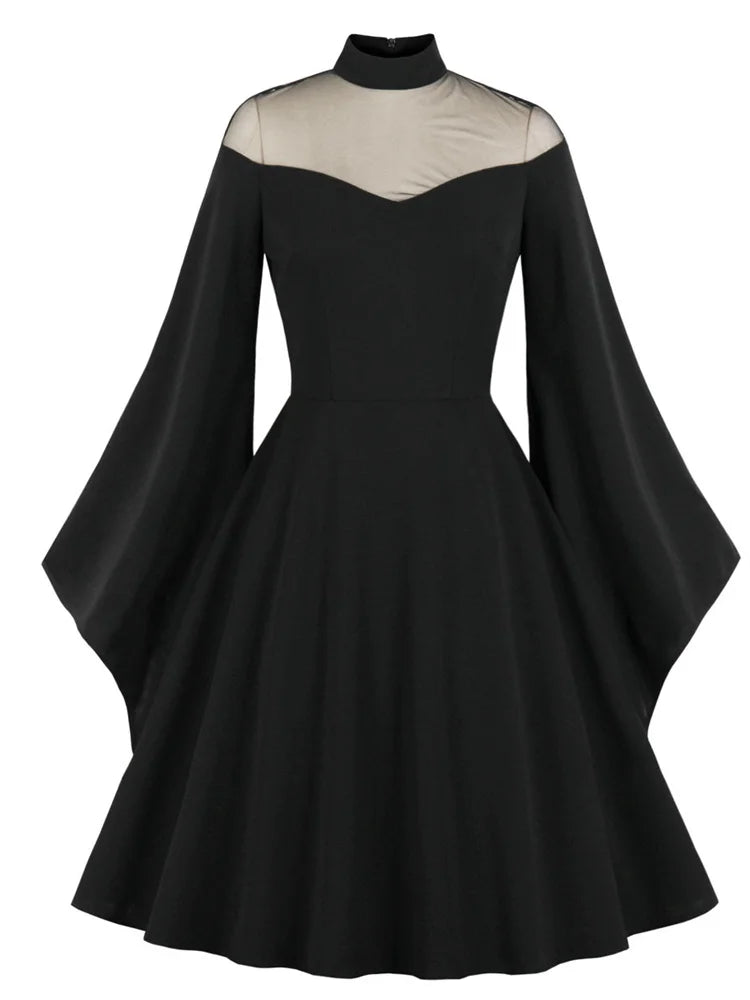 Women Gothic Black Dress Medieval Retro Queen Princess Party Halloween Evening Robe Flare Sleeve Swing Cosplay Costume Dresses