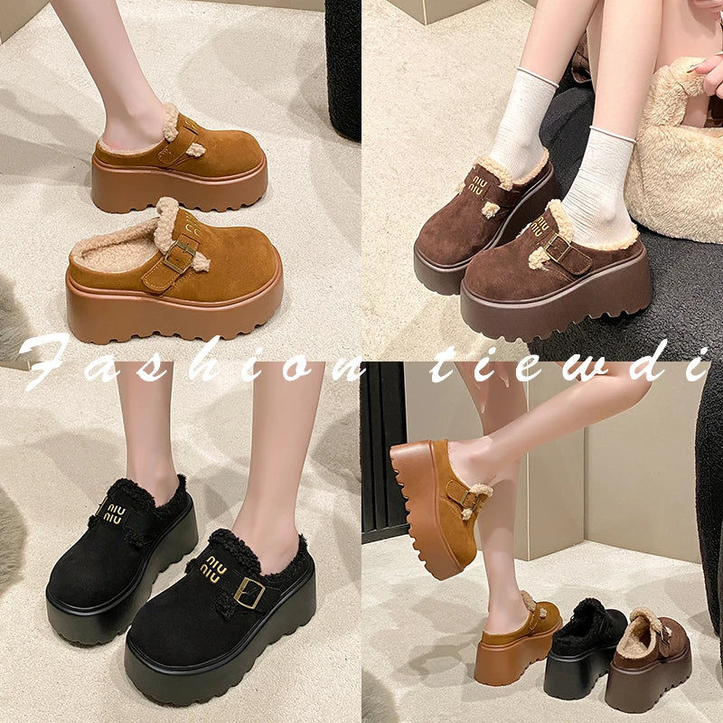Platform High Heels Slippers Women Suede Mules Shoes Fur Warm Wedges Flip Flops 2025 Winter New Snow Boots Fashion Zapatos Mujer