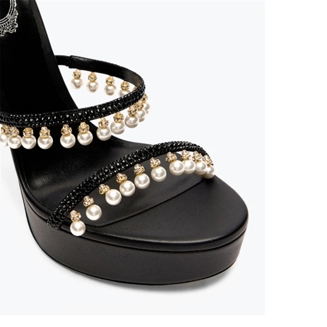 Summer new pearl rhinestone wrapped sexy waterproof platform sandals thin high-heeled banquet dress large size women's shoes