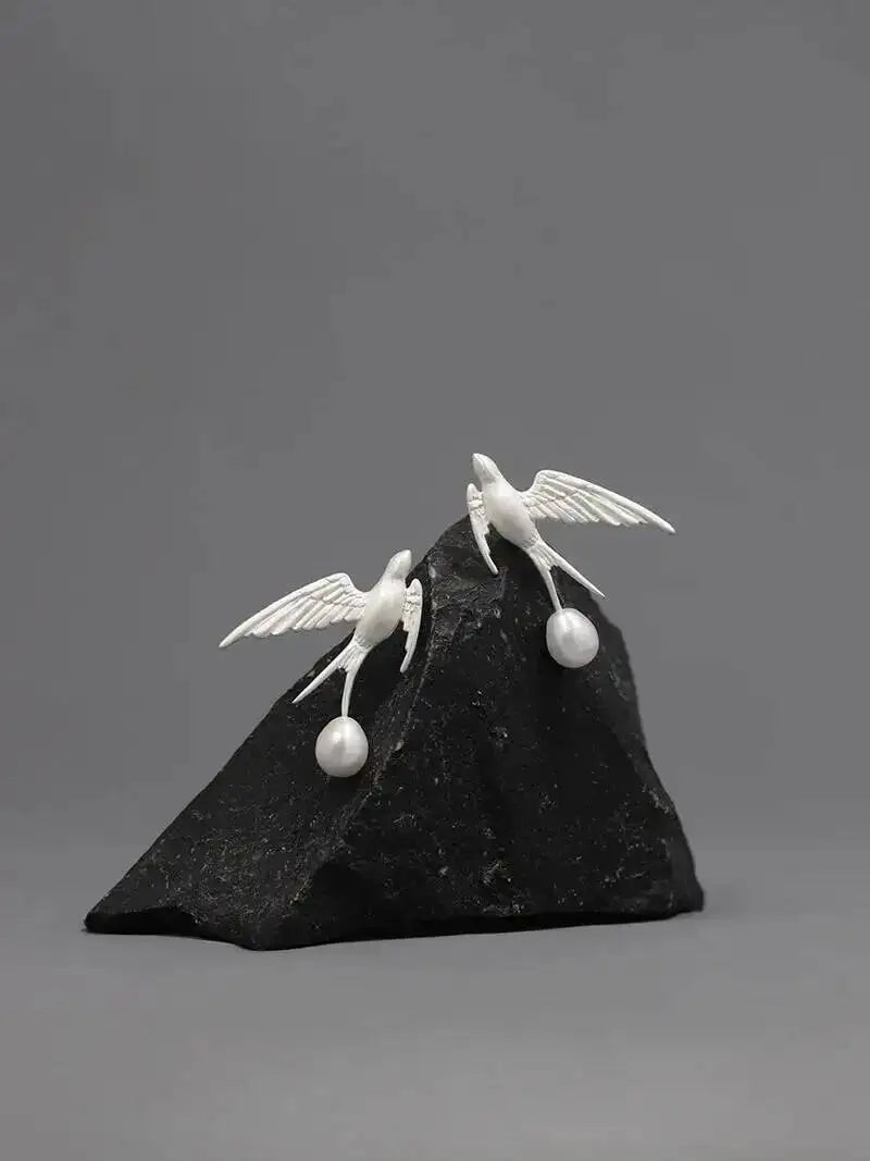 GEEZENCA 925 Silver Pearl 3D Swallow Bird Statement Earrings Women Designer Trendy Dainty Unique Stud Earring Party Gift For Her