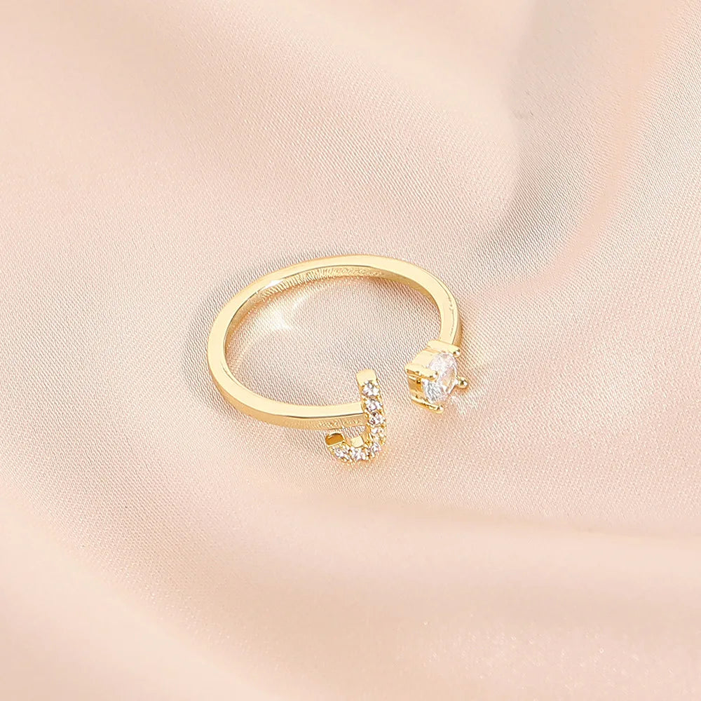 925 Sterling Silver Letter Gold Stackable Alphabet Rings with Initial Adjustable Crystal Inlaid Initial Rings Bridesmaid Gift