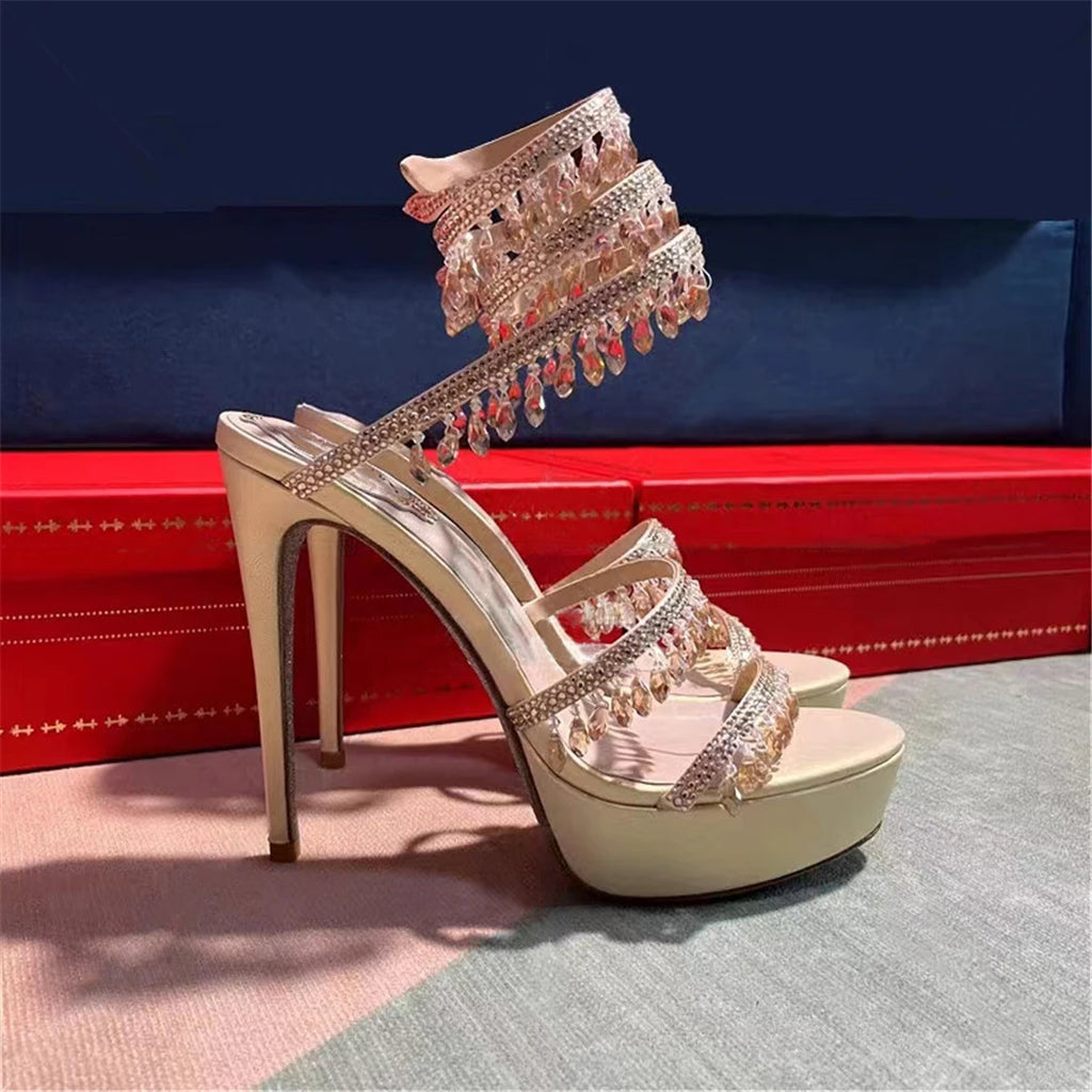 Summer new pearl rhinestone wrapped sexy waterproof platform sandals thin high-heeled banquet dress large size women's shoes