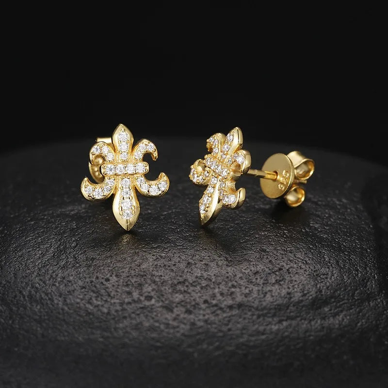 925 Sterling Silver D Color VVS Moissanite Fleur-De-Lis Stud Earrings for Women Fine Jewelry Diamond Ear Studs 14K Gold Plated