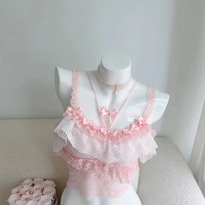 Cute Crop Top Women Summer Lace Trim Bows Decoration Sweet and Lovely Slim Tops for Girls Lolita Style Aesthetic Kawaii Clothes