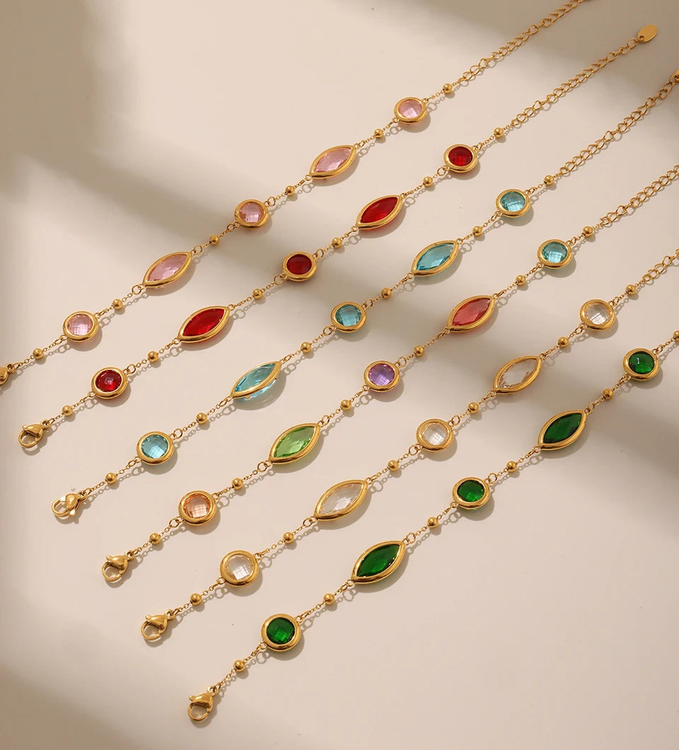 Stainless Steel Chain Necklaces Bracelet For Women 18k Gold Plated With Colorful Faceted Czech Glass Crystal Necklace Bracelets