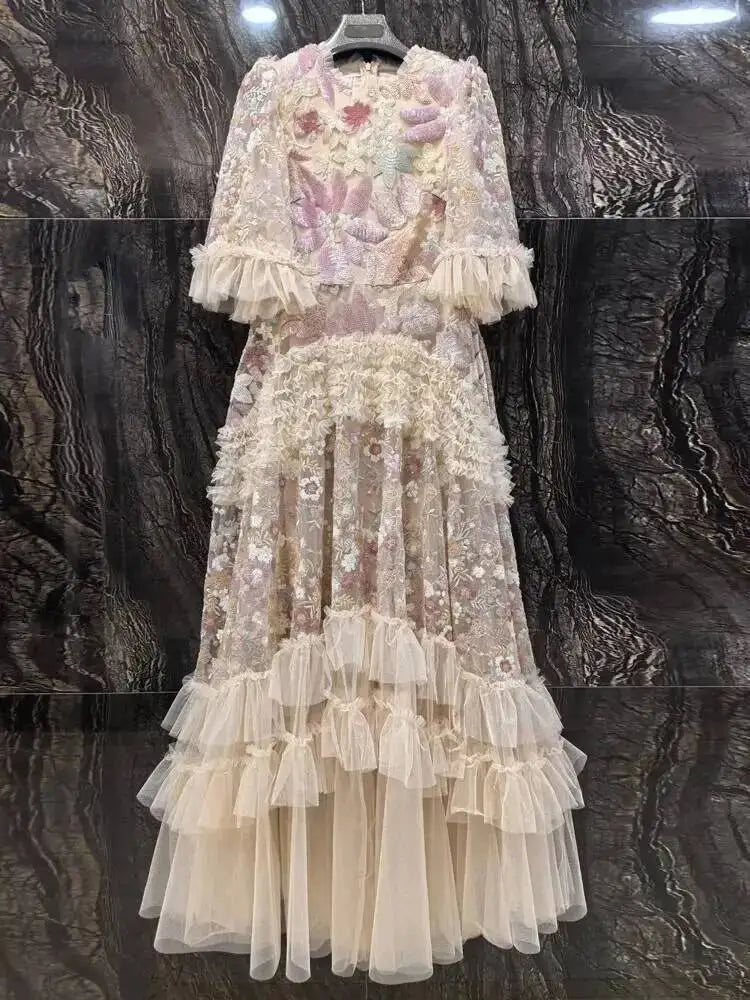 QMQA Fashion Women's Elegant Dress Embroidery Sequin Flare Sleeve Ruffle Puff Cake Dresses 2025 Summer New Female Clothing QM648