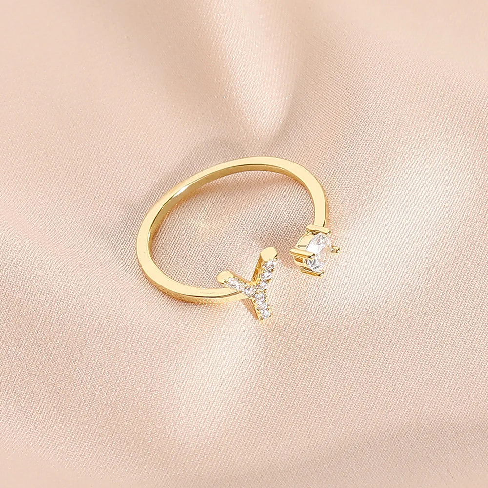 925 Sterling Silver Letter Gold Stackable Alphabet Rings with Initial Adjustable Crystal Inlaid Initial Rings Bridesmaid Gift