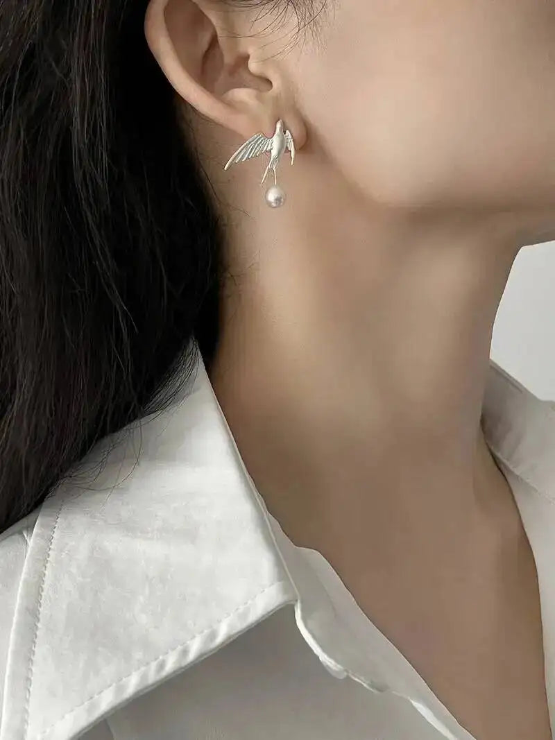 GEEZENCA 925 Silver Pearl 3D Swallow Bird Statement Earrings Women Designer Trendy Dainty Unique Stud Earring Party Gift For Her