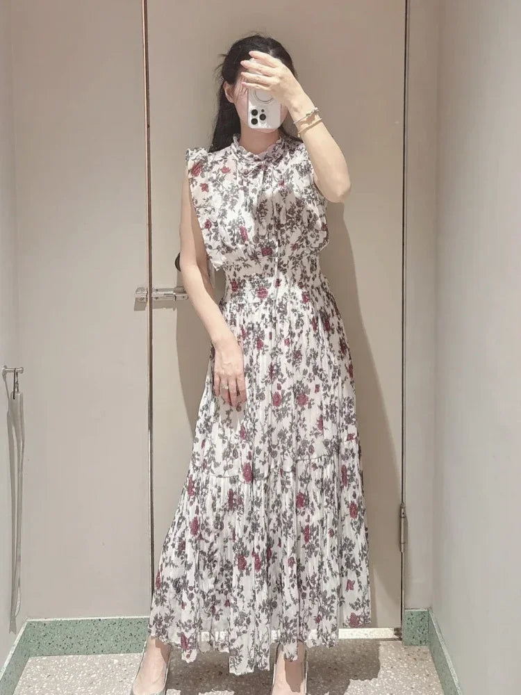 Neploe Fresh Mid-length Print High Waist Robe New Gentle Literary Lace Up Pleated Slim Exquisite Mujer Japan New Elegant Dress