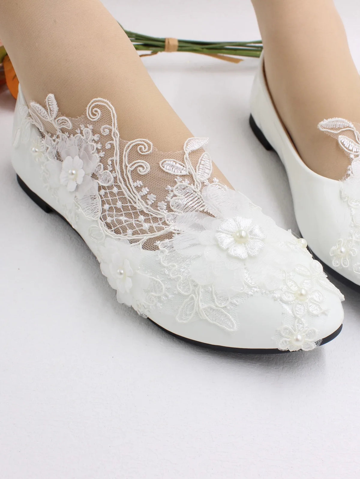 New Spring Lace Wedding Shoes White Flat Bride Shoes Original Design Princess Women's Single Shoes Suitable for Wedding Dress Ph