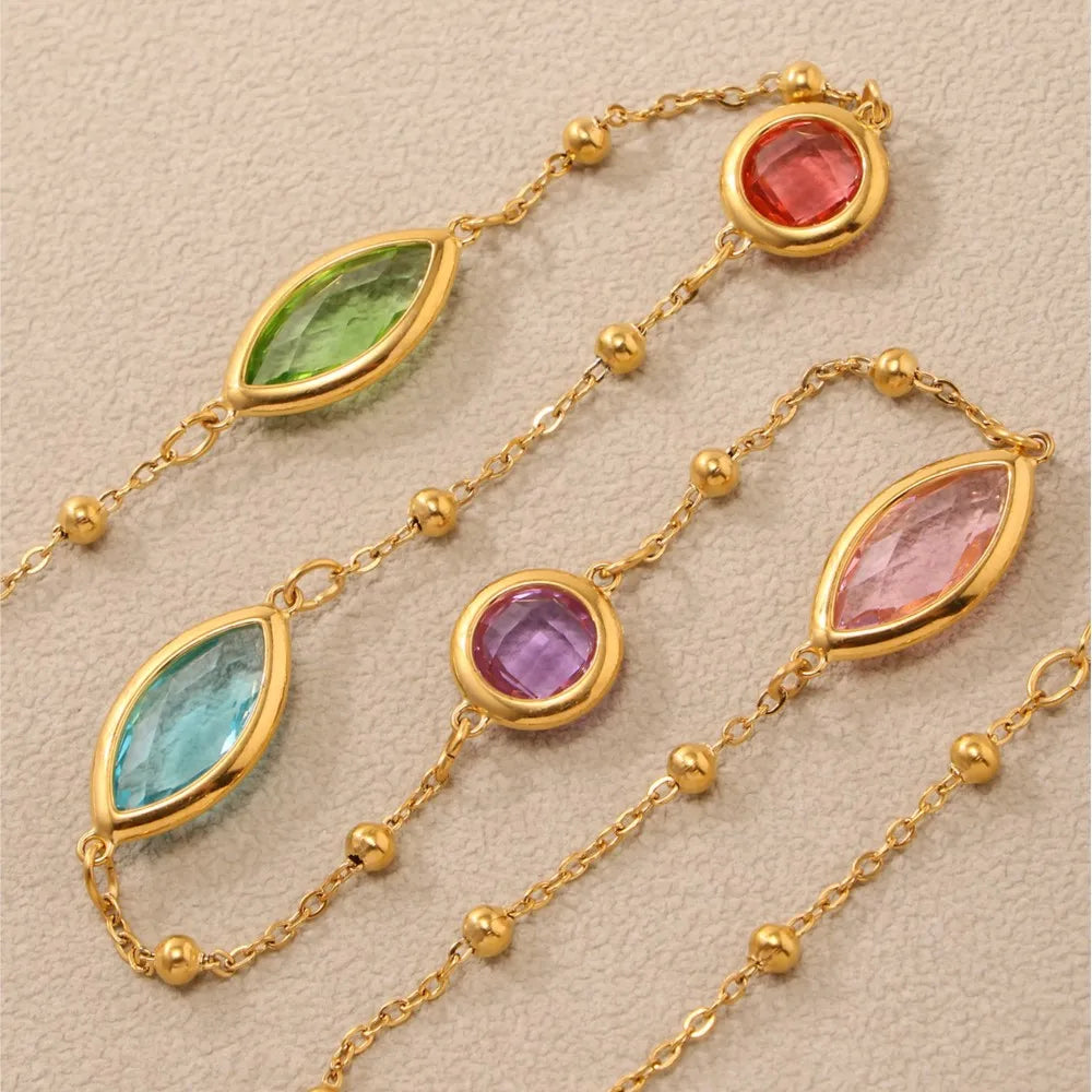 Stainless Steel Chain Necklaces Bracelet For Women 18k Gold Plated With Colorful Faceted Czech Glass Crystal Necklace Bracelets