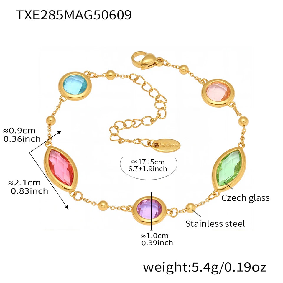 Stainless Steel Chain Necklaces Bracelet For Women 18k Gold Plated With Colorful Faceted Czech Glass Crystal Necklace Bracelets
