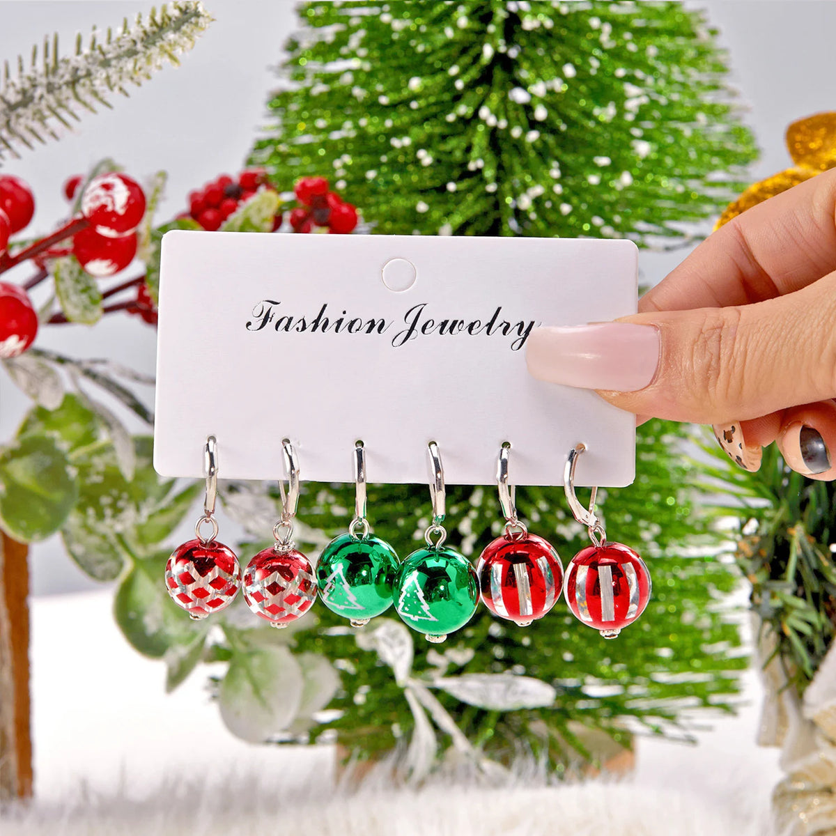 3 Pairs/Set Creative Acrylic Ball Hoop Earrings for Women Christmas Printing Snowflake Bell Ball Dangle Earring New Year Jewelry