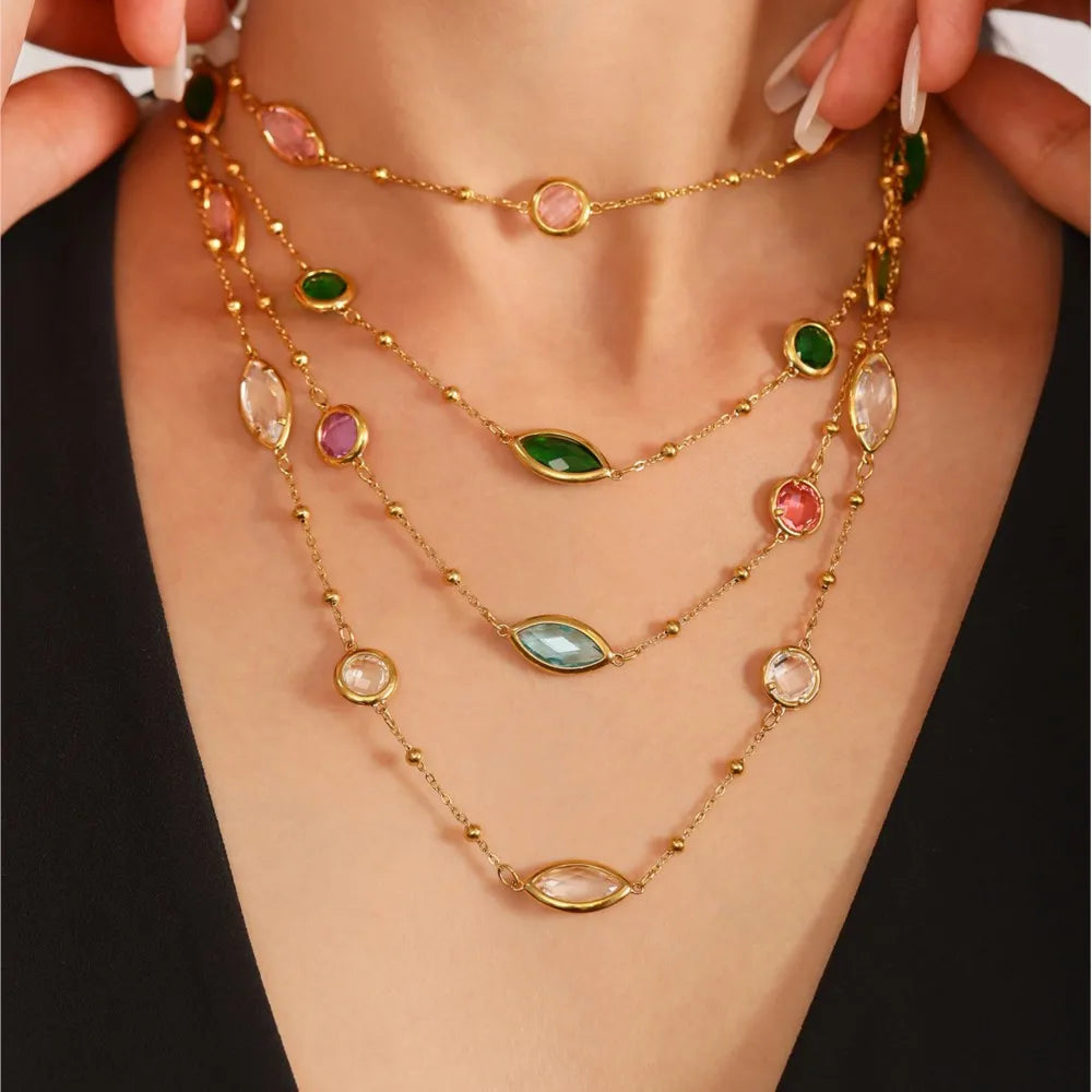 Stainless Steel Chain Necklaces Bracelet For Women 18k Gold Plated With Colorful Faceted Czech Glass Crystal Necklace Bracelets