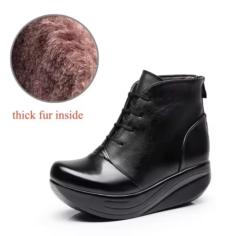TIMETANG    Solid Black Women Boots Lace Up Genuine Leather Winter Boots Warm Wedges Platform Swing Shoes Big Size Short Shoes