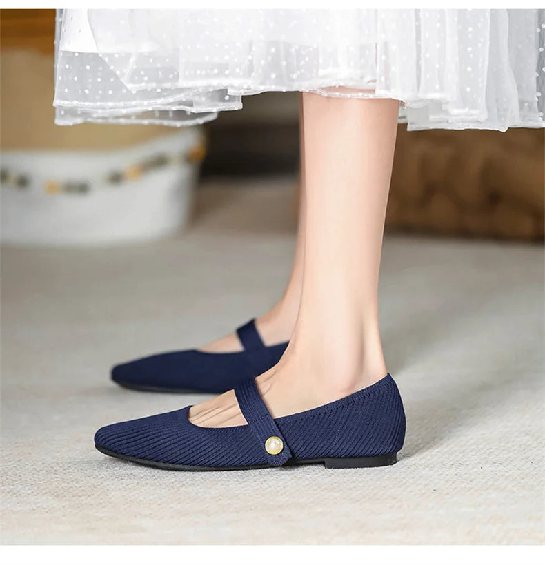 2024 Leisure Weaving Flats Women Ankle Strap Pearl Mary Stretch Fabric Ballerina  Knitting Moccasins  Mesh Ballet Solid Color