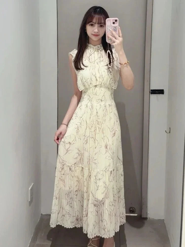 Neploe Fresh Mid-length Print High Waist Robe New Gentle Literary Lace Up Pleated Slim Exquisite Mujer Japan New Elegant Dress