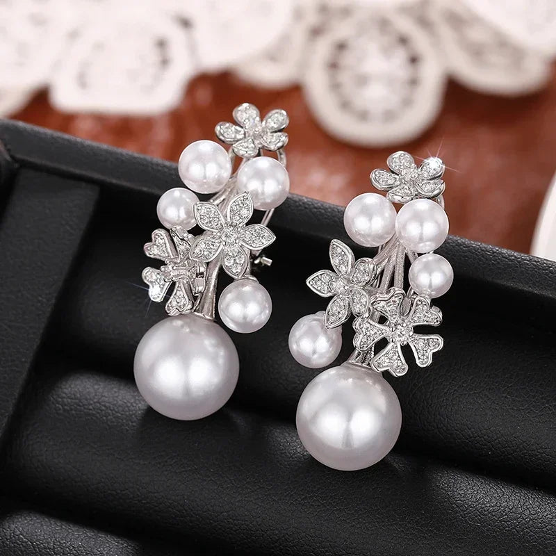 Huitan Trendy Simulated Pearl Women Drop Earrings Inlaid Sparkling CZ Flower Design Charming Party Daily Accessories Jewelry