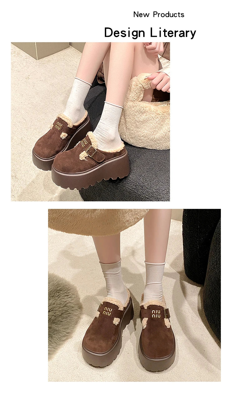 Platform High Heels Slippers Women Suede Mules Shoes Fur Warm Wedges Flip Flops 2025 Winter New Snow Boots Fashion Zapatos Mujer