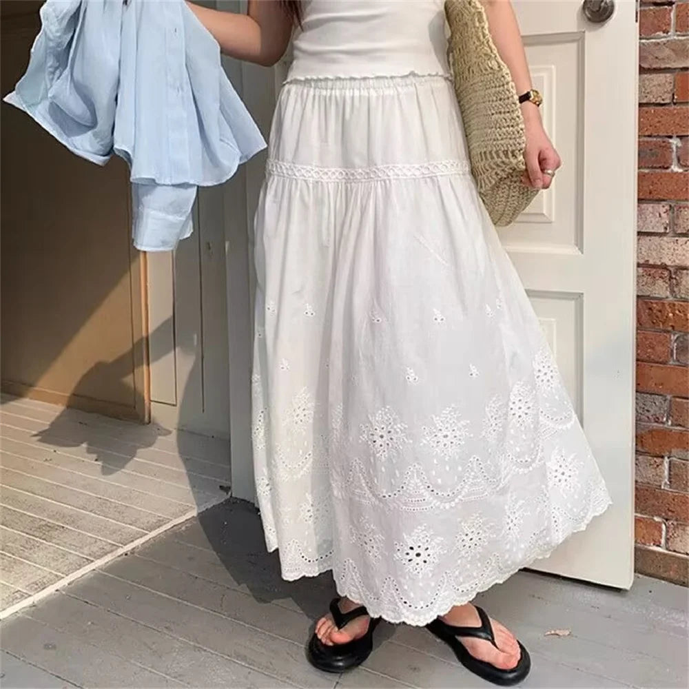 New Women's Summer Sweet White Cotton Crochet Long Skirt Spring 2025 Casual Skirts Lace up Embroidery Patchwork A-line Skirt