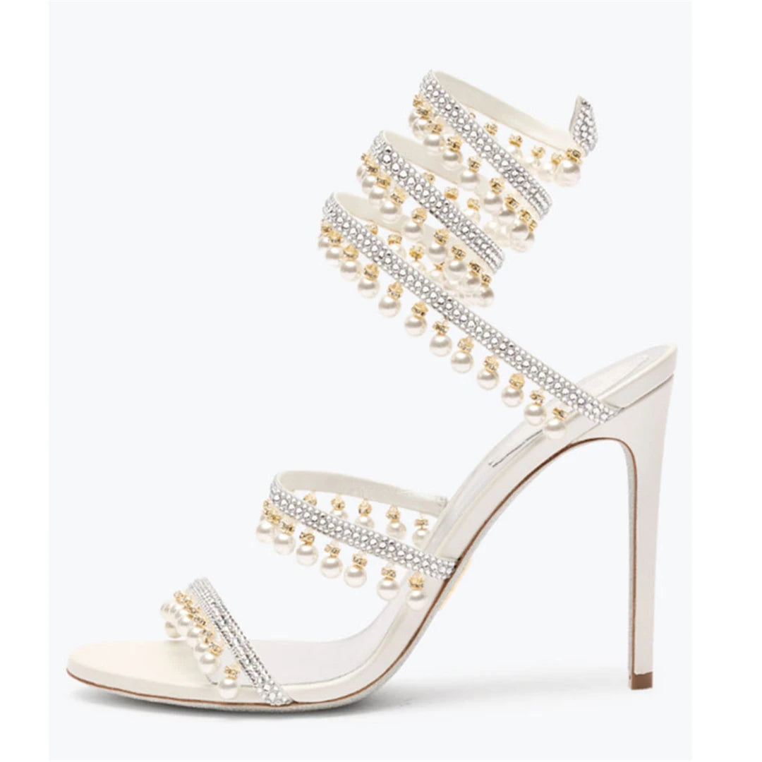 Summer new pearl rhinestone wrapped sexy waterproof platform sandals thin high-heeled banquet dress large size women's shoes