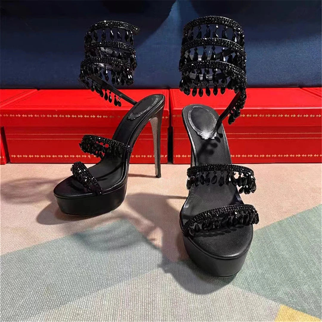 Summer new pearl rhinestone wrapped sexy waterproof platform sandals thin high-heeled banquet dress large size women's shoes