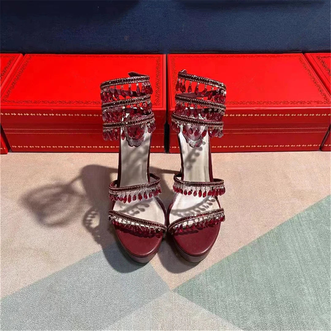 Summer new pearl rhinestone wrapped sexy waterproof platform sandals thin high-heeled banquet dress large size women's shoes