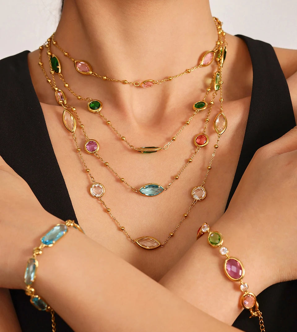 Stainless Steel Chain Necklaces Bracelet For Women 18k Gold Plated With Colorful Faceted Czech Glass Crystal Necklace Bracelets