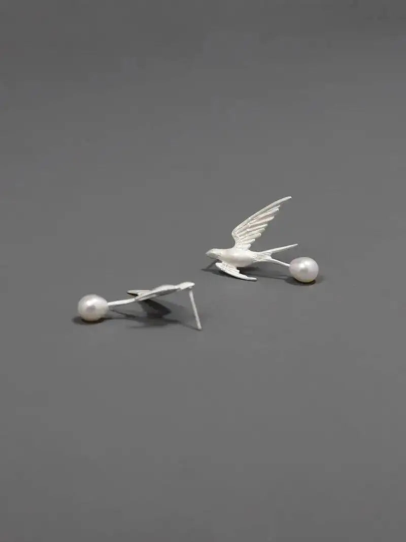 GEEZENCA 925 Silver Pearl 3D Swallow Bird Statement Earrings Women Designer Trendy Dainty Unique Stud Earring Party Gift For Her