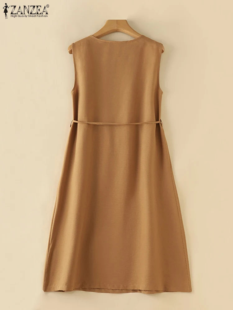 ZANZEA Women Round Neck A-lin Midi Dress Korean Casual Tank Robe Casual Solid Pleated Vestidos 2024 Summer Sleeveless Sundress