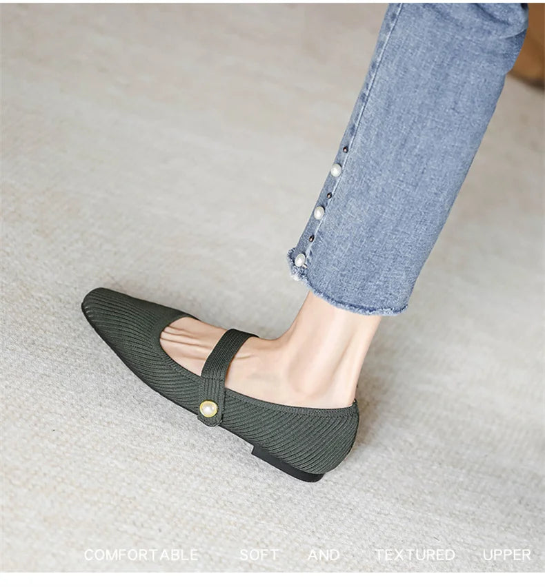 2024 Leisure Weaving Flats Women Ankle Strap Pearl Mary Stretch Fabric Ballerina  Knitting Moccasins  Mesh Ballet Solid Color