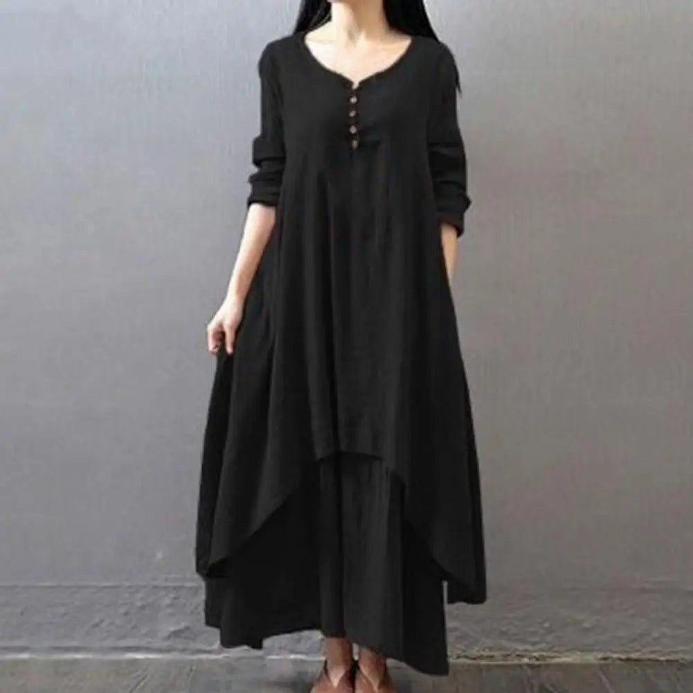 2024 Spring and Autumn Fashion Fake Two Piece Long Skirt Art Flax Dress Loose Long sleeved Cotton Linen Dress